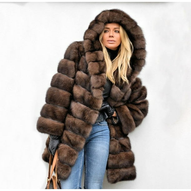 Sweatshirt Women Off Shoulder,Women Winter Warm Faux Fur Hooded Thick Warm Slim Jacket Long Overcoat Coat 